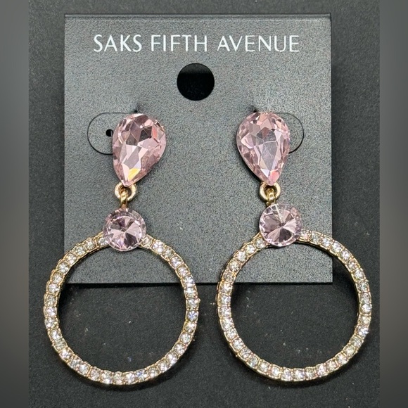 Saks Fifth Ave Pink Teardrop Crystal Post With Drop Hoop Pave Earrings - Picture 2 of 8